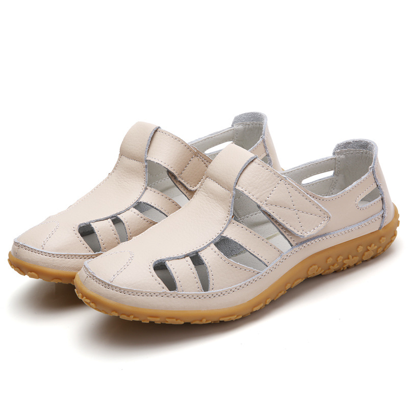Sandalias de cuero retro hechas a mano originales zapatos de mamá de fondo suave y cómodos zapatos de mujer casuales de velcro de piel de vaca