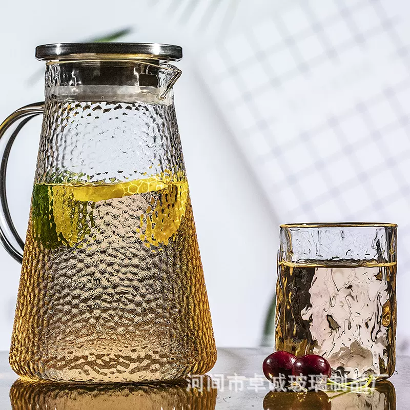 凉水壶 高硼硅锤纹冷水壶 大容量玻璃果汁凉水壶带把透明杯具冰镇
