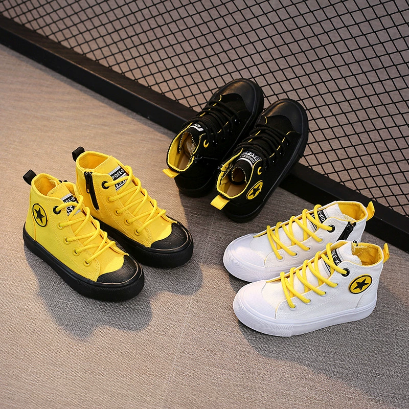 Детские парусиновые туфли с высоким берцем, весна 2024, новый стиль, обувь для мальчиков и девочек, белые туфли, кроссовки в стиле k, белая боковая молния