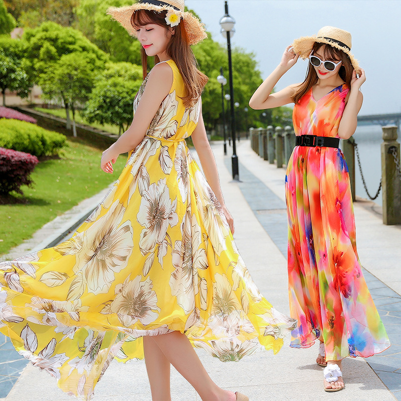 Belly Covering Sling Dress Women's Summer Chubby Girl's Soft Chiffon Floral Print Summer Fresh Pregnant Women's Floral Dress