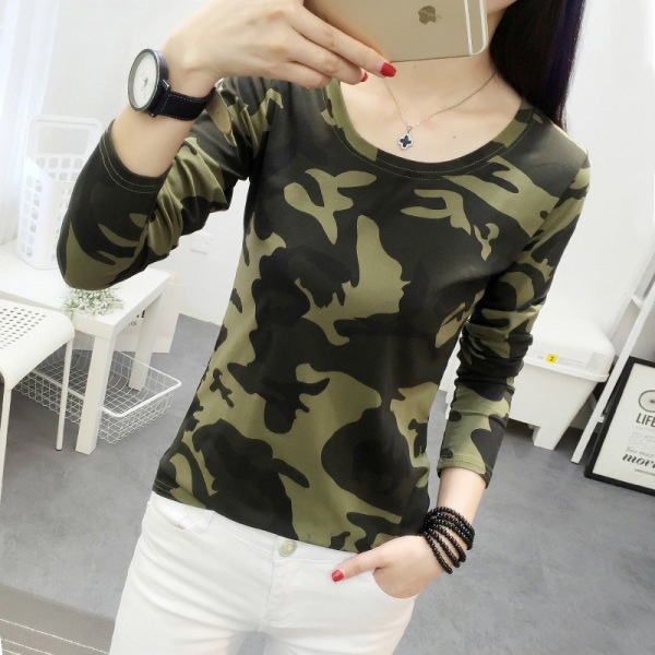 Camiseta de manga larga para mujer, venta al por mayor transfronteriza, otoño 2026, estampado de camuflaje, corte holgado, talla grande, estampado 3D moderno.