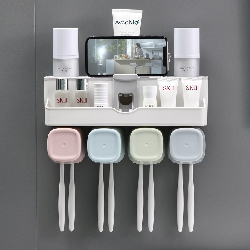 Toothbrush Holder for Three or Four People, Wall-Mounted, No-Drill, Nordic Style, with Toothpaste Dispenser and Mouthwash Cup Set