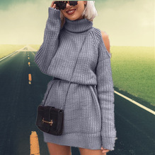 2025秋冬速卖通新款针织衫女亚马逊爆款中长款高领露肩毛衣连衣裙