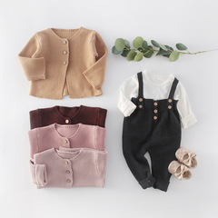 2023 spring clothing for infants and young children, male and female babies knitted jacket + woolen sweatshirt + overalls + long-sleeved T suit