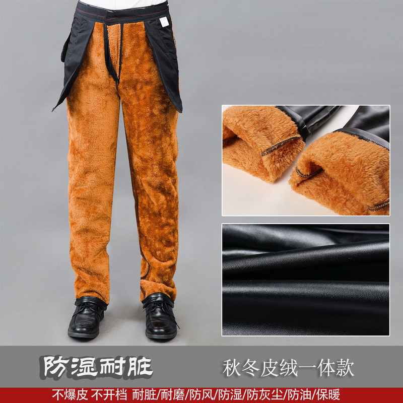 Men's Double-Layer Long Velvet Leather Pants for Middle-Aged and Elderly People, Street Stall Motorcycles, Stain-Resistant, Oil-Proof, Wind-Proof, Moisture-Proof and Leather Long Pants with Velvet