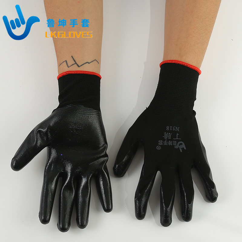 尼龙丁腈手套 浸胶乳胶手套掌涂胶防护劳保手套黑色劳保耐磨手套