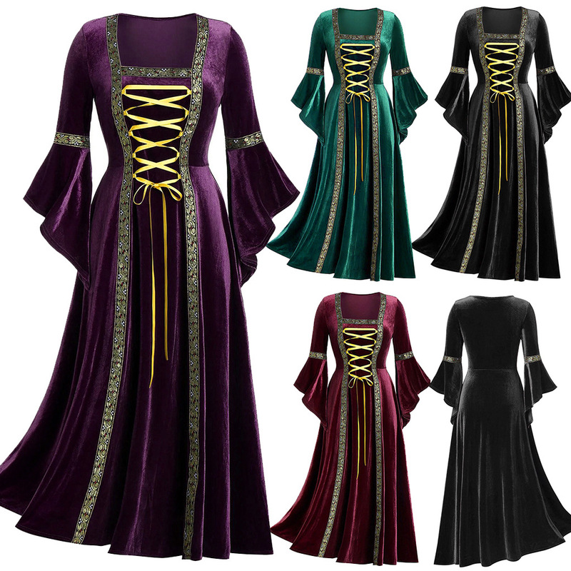 Factory direct women's Gothic punk style long sleeve strap gold velvet dress robe spot