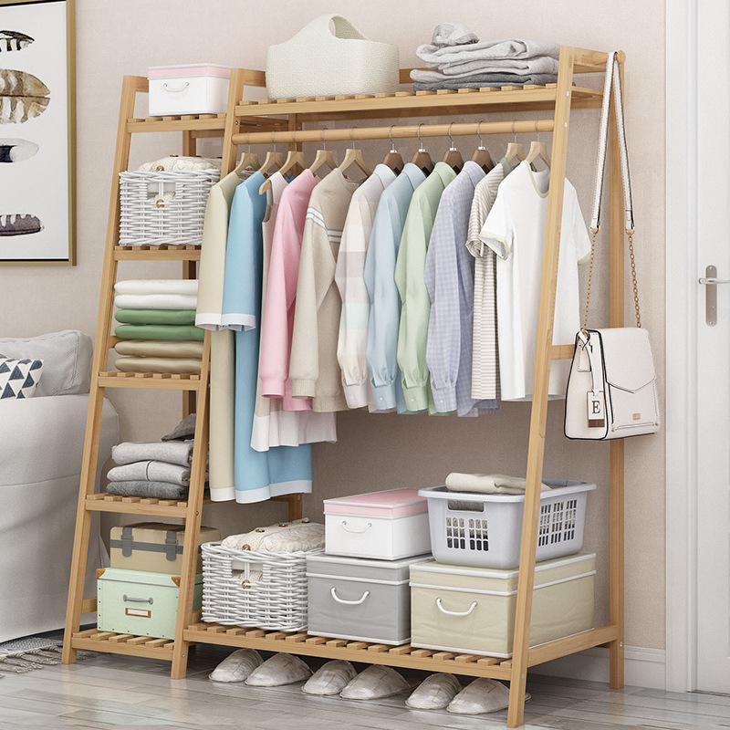 Perchero multifuncional estilo armario, de pie para dormitorio y sala de estar, en forma de escalera, estante de almacenamiento estable, estante de almacenamiento de gran capacidad de bambú