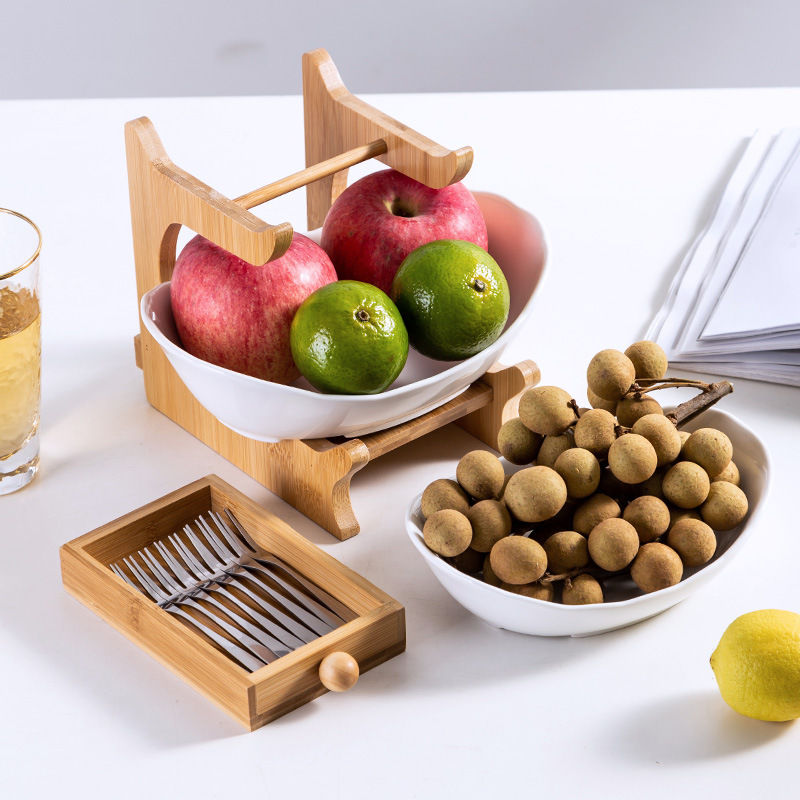 Nórdico simple cesta de frutas creativo de doble capa de múltiples capas plato de fruta con cajón de cerámica placa de fruta seca estante de bambú hogar plato de aperitivos