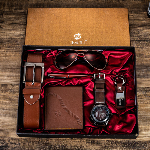 A04988 Men's Watch Belt Set Glasses Belt Wallet Keychain Large Dial Quartz Watch Gift