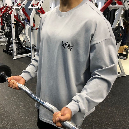 Muscular men's trendy brand loose fitness clothes casual training sportswear long-sleeved T-shirt pullover sweatshirt thin men's