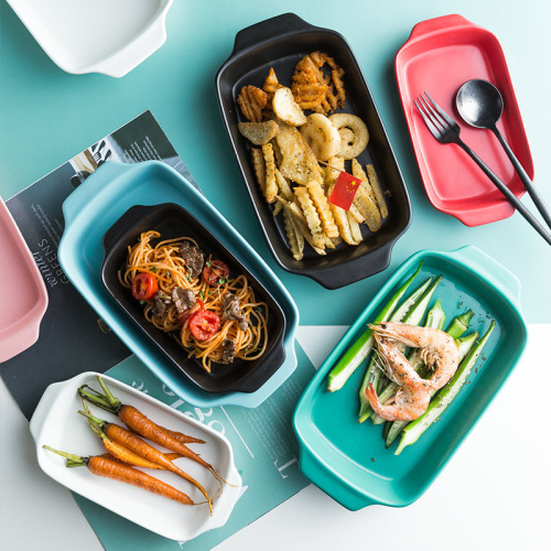 Good-looking double-eared ceramic baking pan, household dish plate, baking plate, hotel cheese baked rice plate, Nordic tableware wholesale