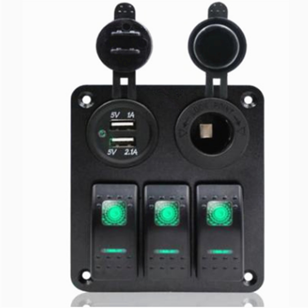 经济实用款三位开关控制面板3个开关+双USB车充+电源母座LED可选