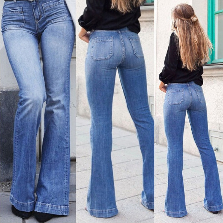 Jeans, Women's Fashion Trends, Slim Fitting Patch Pockets, Slimming High Waisted Flared Pants, Long Pants for Women_voghion.com
