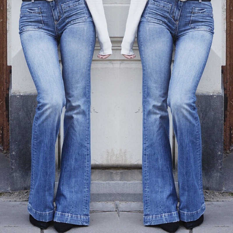 Jeans, Women's Fashion Trends, Slim Fitting Patch Pockets, Slimming High Waisted Flared Pants, Long Pants for Women_voghion.com