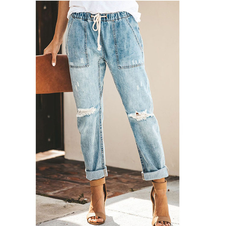 2025Wish Cross-Border Sales Women's Jeans Fashion Casual Street Trendy Korean Style Straight Pants Ripped Pants