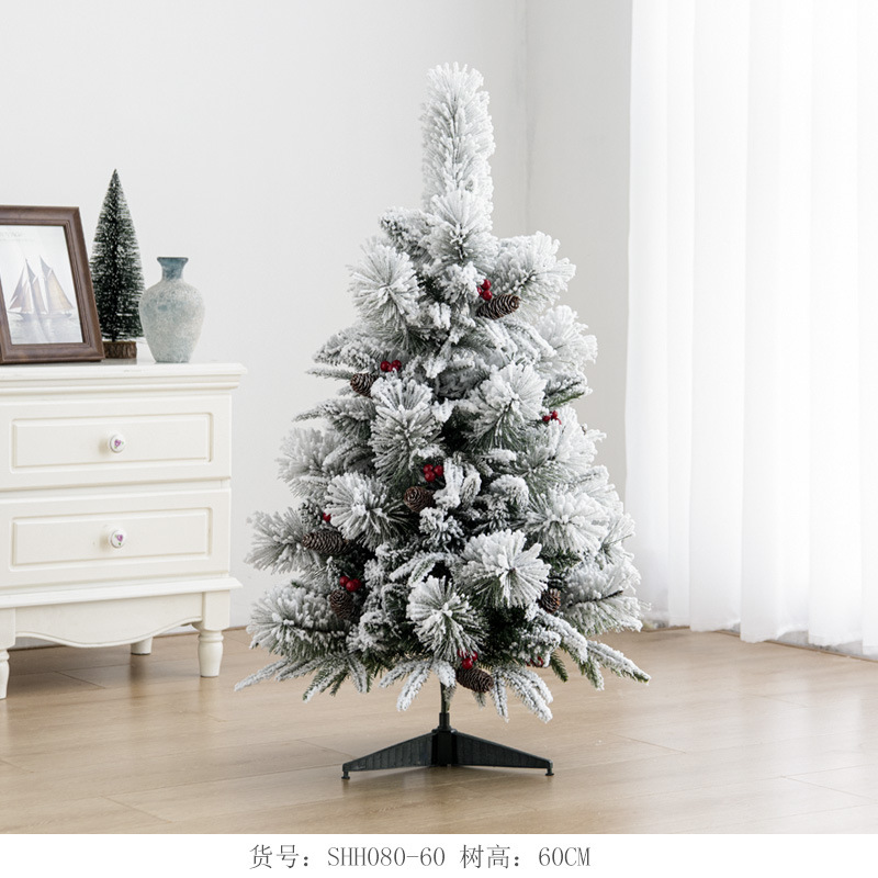 Árbol de Navidad con nieve densa y cubierta de nieve, con bayas rojas y piñas, adornos decorativos para regalos de Navidad, pequeños adornos al por mayor.