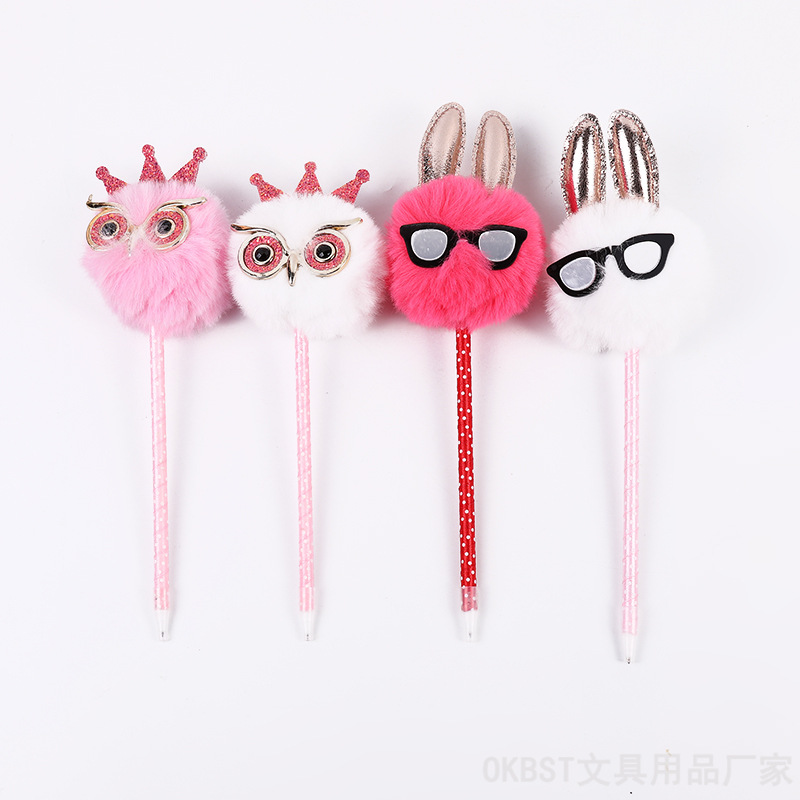 Creativo de dibujos animados unicornio gafas en polvo conejo búho peluche bola bolígrafo decorativo