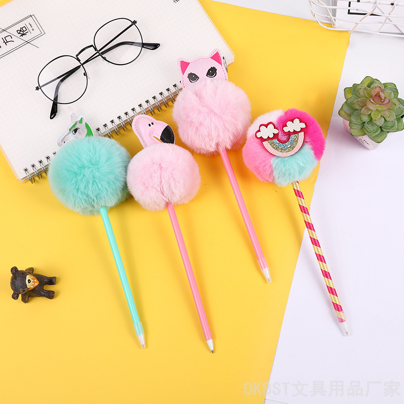 Creativo de dibujos animados unicornio gafas en polvo conejo búho peluche bola bolígrafo decorativo
