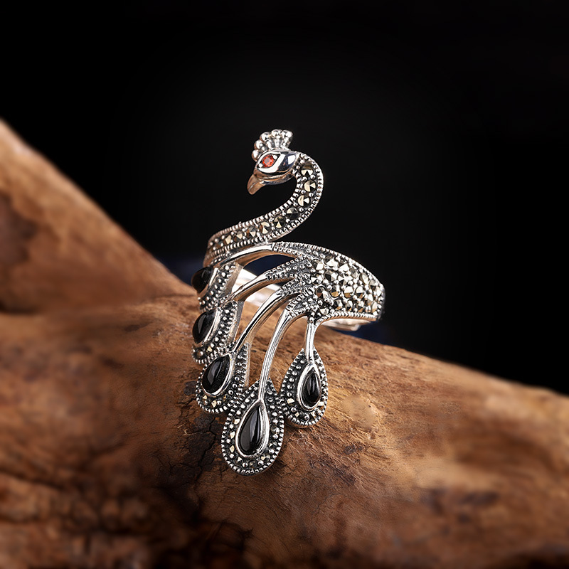 人品银品足银饰品哑光精工泰银黑玛瑙女孔雀戒指时尚个性开口指环