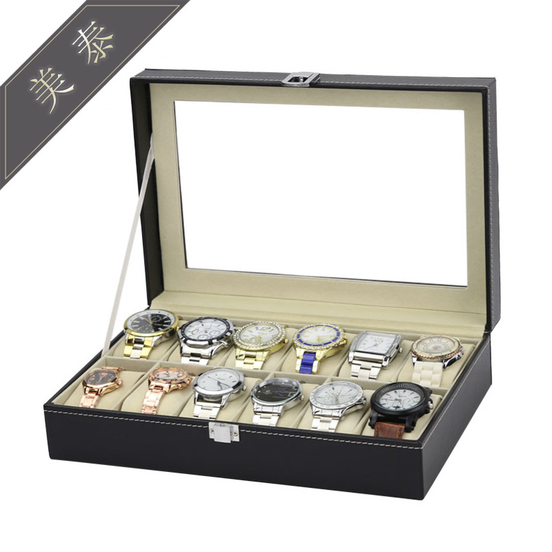 木质手表盒[日字扣]12位透明开窗手表收纳首饰包装盒厂家批发