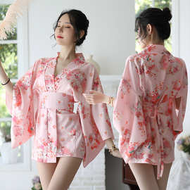 跨境日韩亲肤丝般柔滑日式印花情趣内衣新款睡衣浴袍家居服开襟