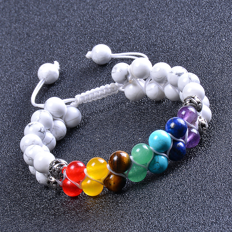 Cross-border Hot Sale Natural White Turquoise Colorful Natural Stone Double Row Bracelet Amethyst Strawberry Crystal Double Woven Bracelet