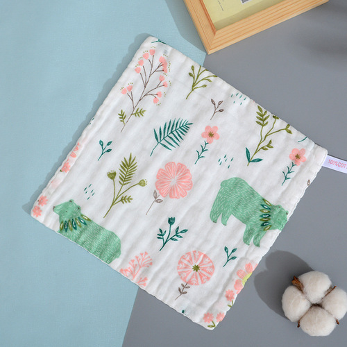 6-layer cotton gauze baby towel, cotton cartoon face towel, children's seersucker square towel, handkerchief saliva towel