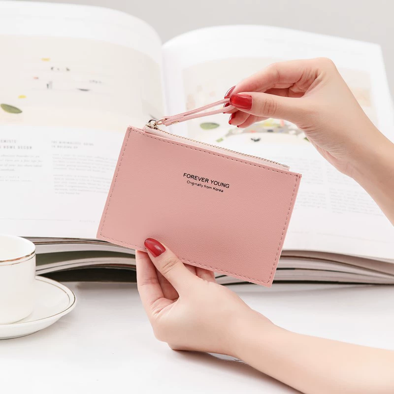 Wallet (Forever Young) short thin shoulder bag, handheld card holder with zipper, Korean style