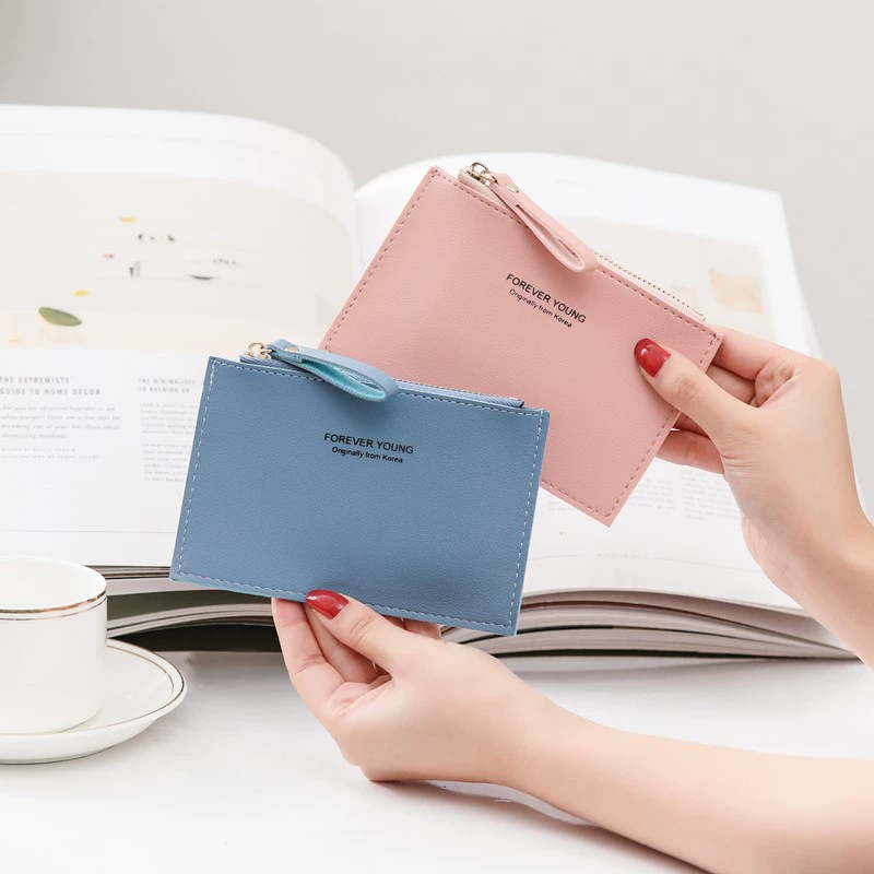 Wallet (Forever Young) short thin shoulder bag, handheld card holder with zipper, Korean style