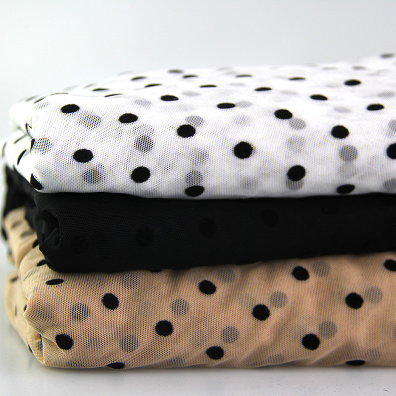Lightweight, Soft, Stretchy Polyester-Spandex Mesh Fabric with Black Polka Dots and Skin-Colored Lingerie Base Layer Mesh Fabric
