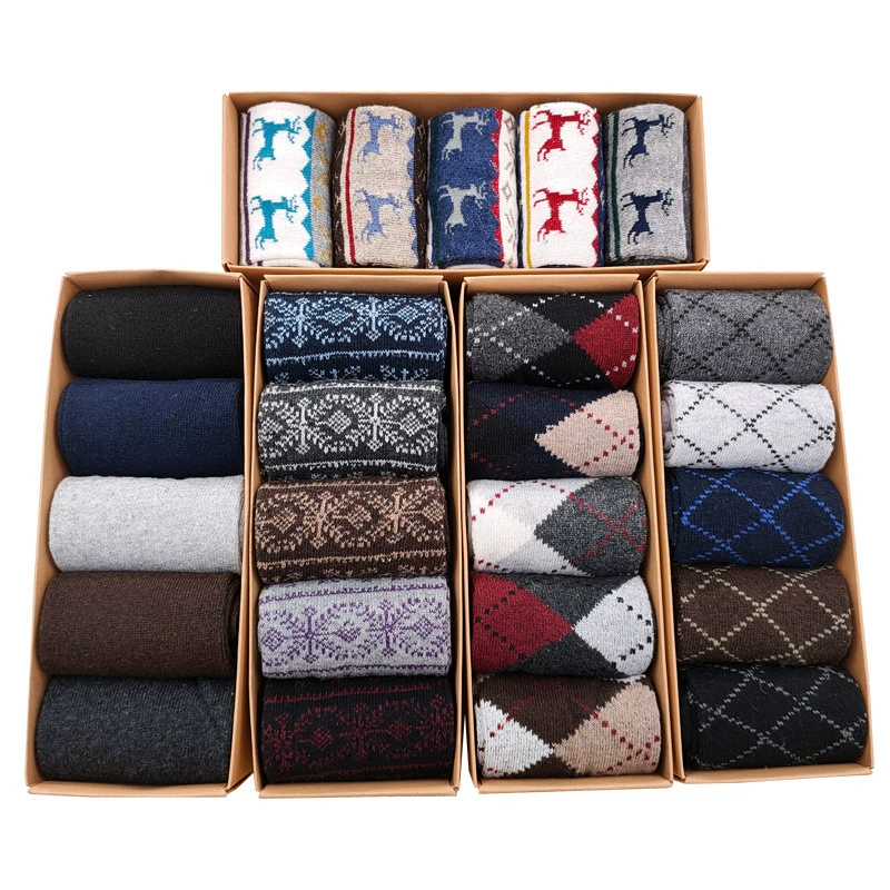 Men’s wool‑blend mid‑length socks (gift box), 5 pairs, patterned styles
