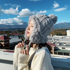 Korean version of ins internet celebrity cute woolen hat for women autumn and winter Lei Feng hat ear protection fur ball real rabbit fur knitted hat
