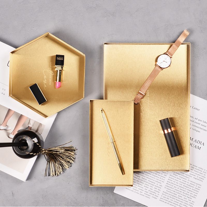 Bandeja de almacenamiento de acero inoxidable geométrica de oro Nordic pasillo sundries bandeja de organización caja de almacenamiento de cosméticos plato de cena