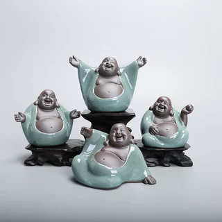 禅意弥勒佛茶宠摆件 精美创意哥窑可养茶艺陶瓷摆件 功夫茶道配件