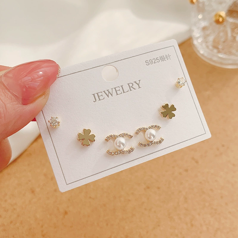 Серебряная игла, короткий цирконий, универсальные серьги, набор, образец серебра 925, микроинкрустация, японская и корейская стили, простой и элегантный дизайн, набор из 3 шт.