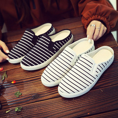 Women's Summer Fashion External Wearing Flat Slipper Canvas Shoes with Toe Cover, No Heel Half Slip-On New White Shoes