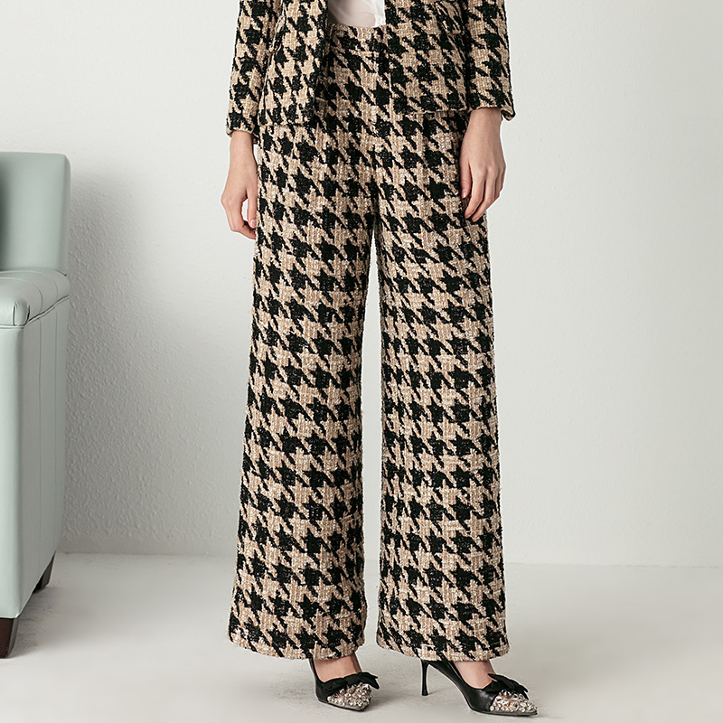 European and American Winter New Gold Tweed Houndstooth Set Elegant Fashion Wide Leg Trendy Pants