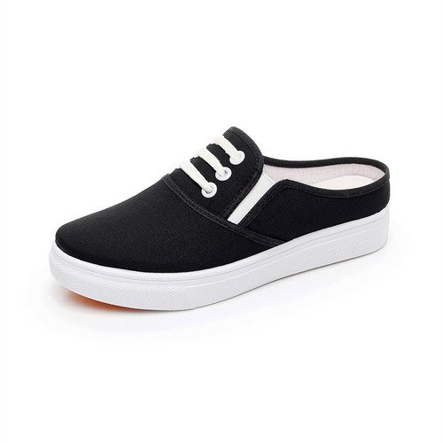 Spring and summer half-slip canvas white shoes for women, students, heelless outer wear, Baotou lazy shoes, maternity sandals and slippers, trendy