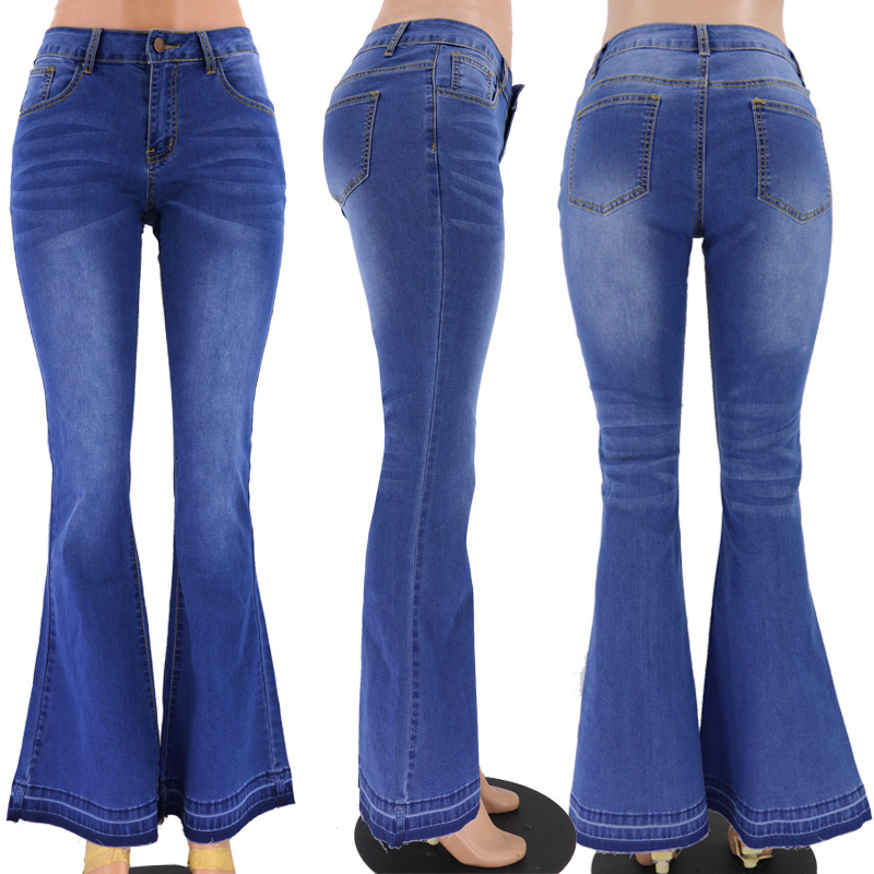 Primavera y otoño Amazon cintura baja de las mujeres flacas pantalones vaqueros acampanados lavado medio fábrica en stock