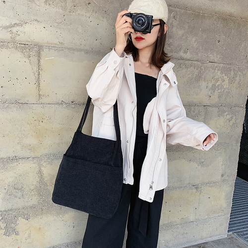 Leather backpack for women, suitable for autumn and winter, versatile and stylish, corduroy, single shoulder, Korean student canvas bag, large capacity, literary shopping bag