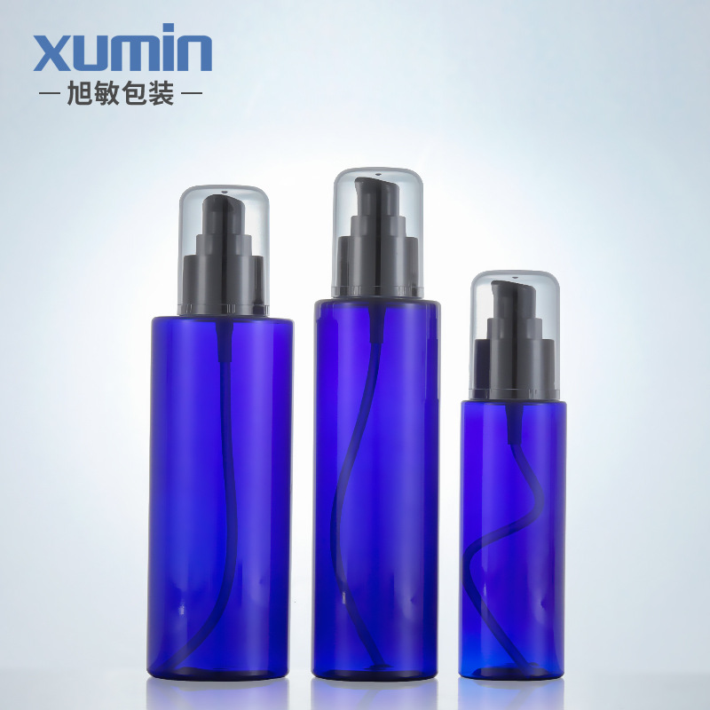 En existencia 100mL-200ml botella plana azul transparente de la loción del hombro sub-botella 250ml botella cosmética de empaquetado de la bomba del ANIMAL DOMÉSTICO