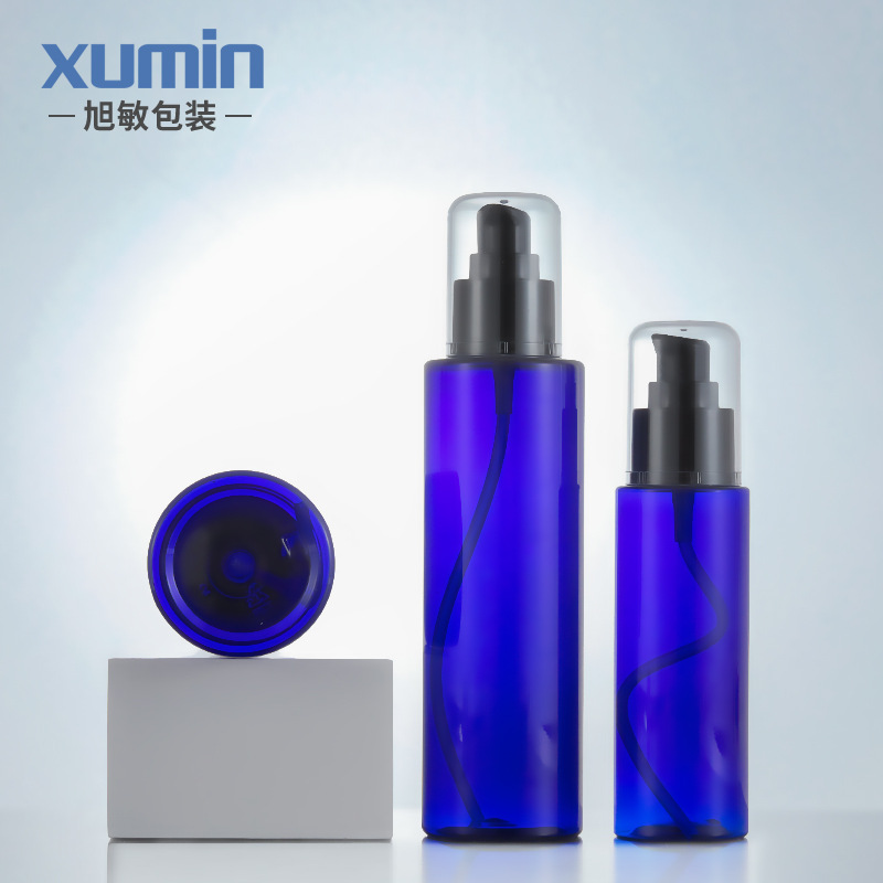 En existencia 100mL-200ml botella plana azul transparente de la loción del hombro sub-botella 250ml botella cosmética de empaquetado de la bomba del ANIMAL DOMÉSTICO