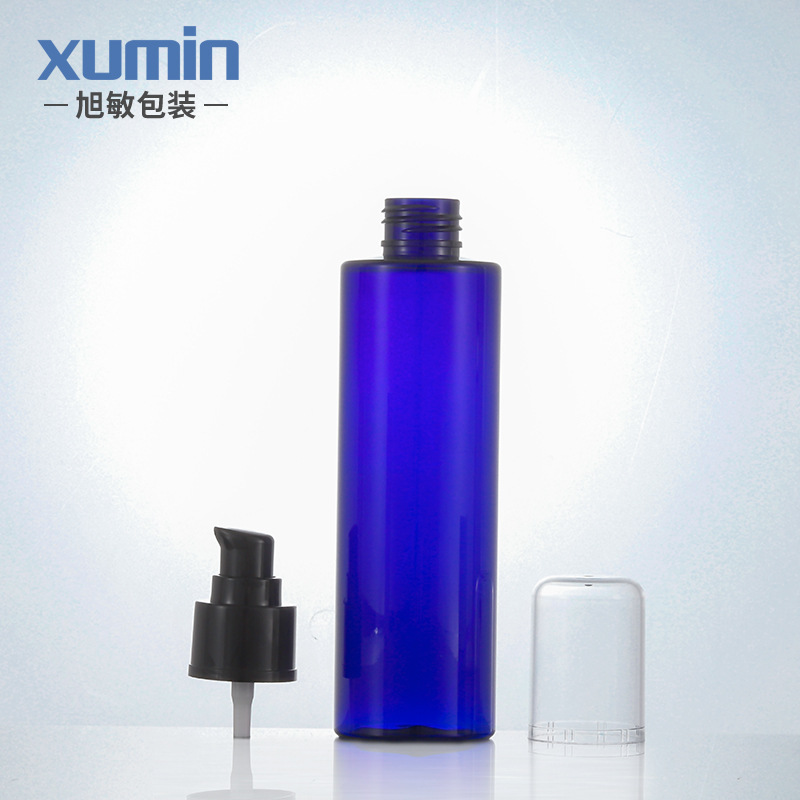 En existencia 100mL-200ml botella plana azul transparente de la loción del hombro sub-botella 250ml botella cosmética de empaquetado de la bomba del ANIMAL DOMÉSTICO