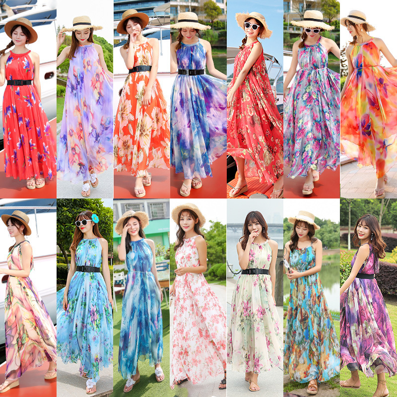 Sleeveless Off-Shoulder Chiffon Floral European and American Fresh Style Women's Dress 2023 New Summer Halter Neck Dress Sleeveless Off-Shoulder Chiffon Floral European and American Fresh Style Women's Dress 2023 New Summer Halter Neck Dress