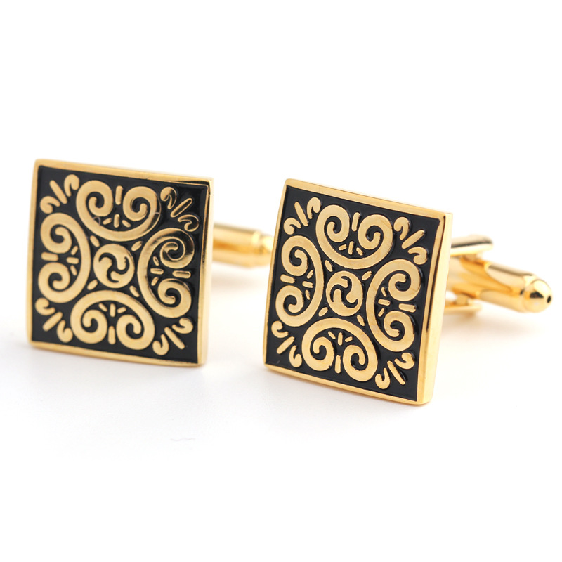 Gemelli da uomo in oro con motivo retrò quadrato, gemelli da camicia alla francese_voghion.com