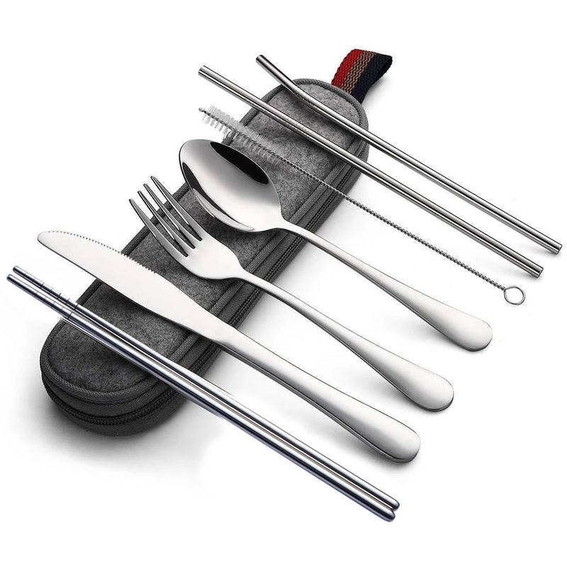 Cross Mirror Amazon Hot Sale Titanium Plated Stainless Steel Portable Tableware Creative Western Tableware Chopsticks Straw Combination Set