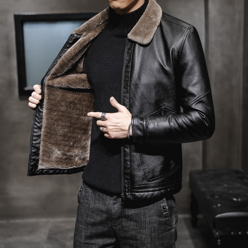 Cross-border Winter Leather Jacket Men's 2021 New Middle-aged and Elderly Lapel Fleece-lined Fur One-piece Plus Size Men's Leather Jacket Cross-border Winter Leather Jacket Men's 2021 New Middle-aged and Elderly Lapel Fleece-lined Fur One-piece Plus Size Men's Leather Jacket