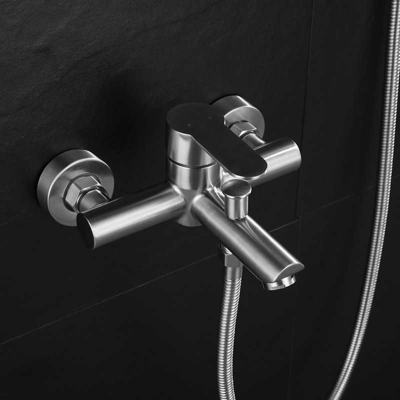 Stainless Steel Hot and Cold Bathtub Exposed Triple Faucet Shower Set Brushed Bathroom Lift Rack Triple Set