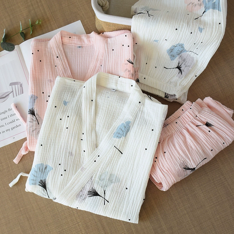 Приятные для кожи пижамы-кимоно из выстиранной чистой хлопчатобумажной пряжи, женские брюки, весенне-летний тонкий кружевной кардиган, свежая домашняя одежда в японском стиле
